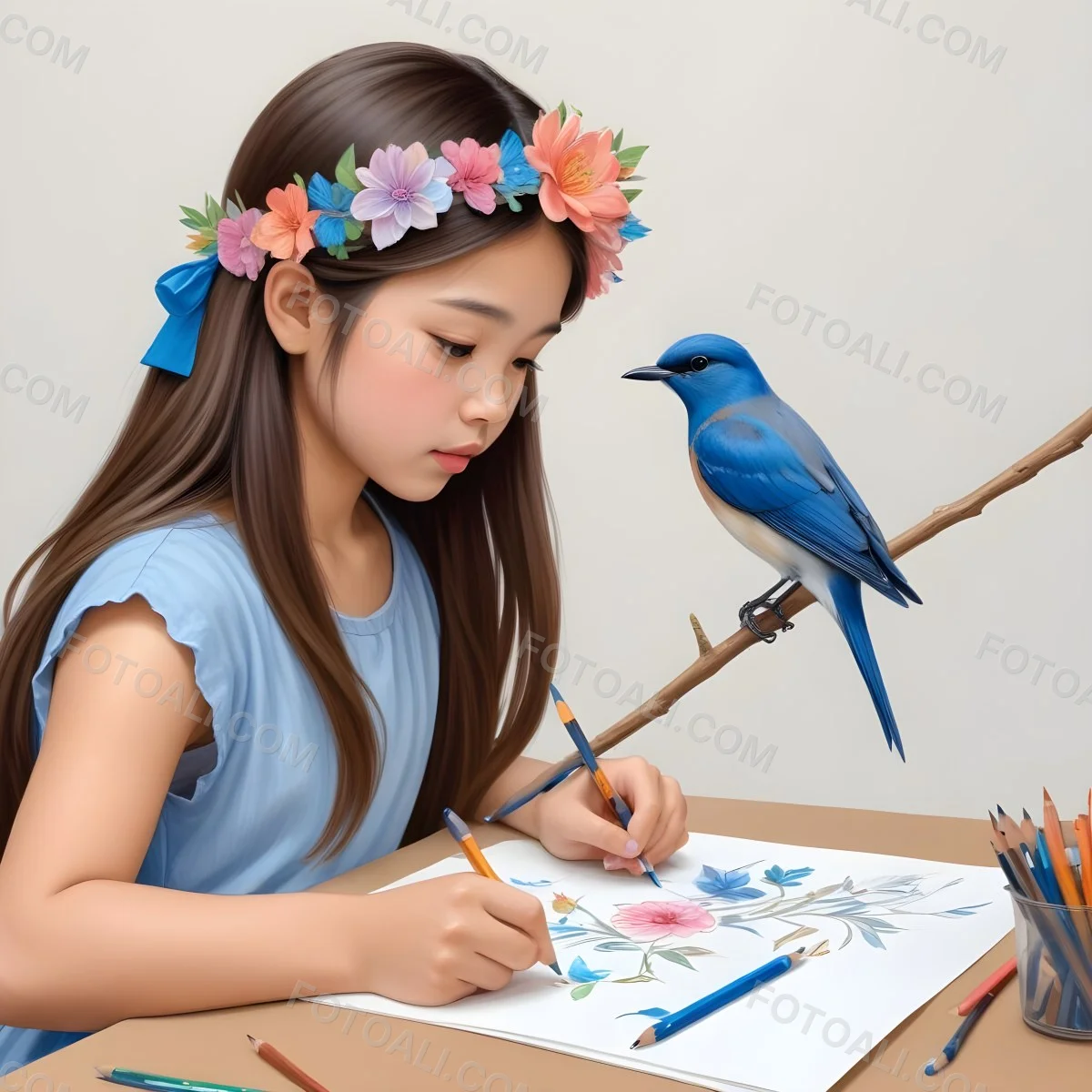 A Young Girl Approximately 6 Years Old With Light Skin And Long Brown Hair Is Sitting At A Table Drawing She Is Wearing A White Dress And A Floral Crown The Girl Is Focused On Her Artwork Whic 12 8bd7