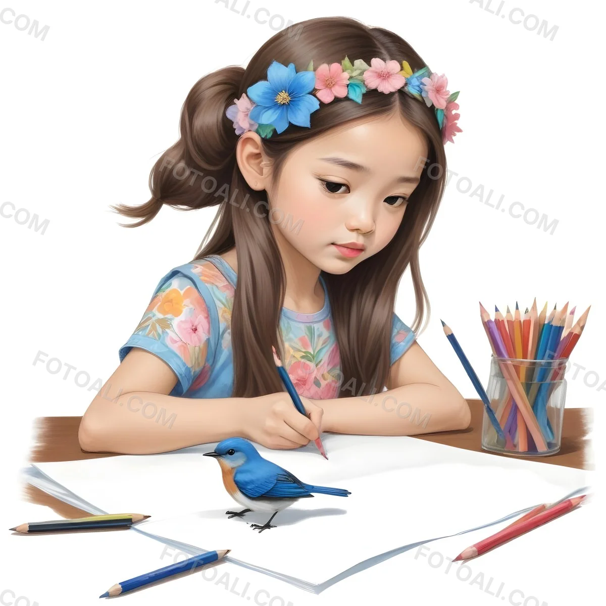 A Young Girl Approximately 6 Years Old With Light Skin And Long Brown Hair Is Sitting At A Table Drawing She Is Wearing A White Dress And A Floral Crown The Girl Is Focused On Her Artwork Whic 13 89cf