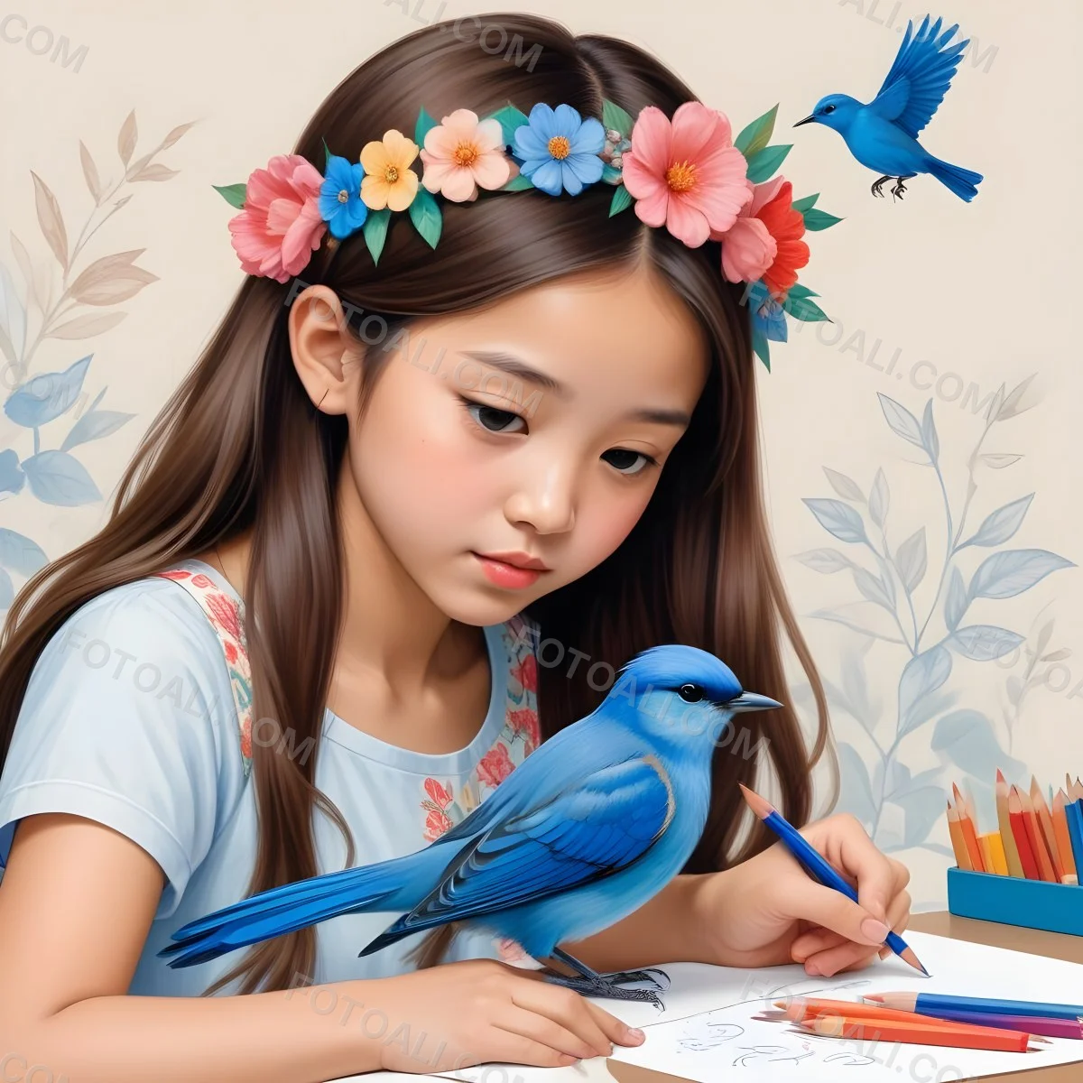 A Young Girl Approximately 6 Years Old With Light Skin And Long Brown Hair Is Sitting At A Table Drawing She Is Wearing A White Dress And A Floral Crown The Girl Is Focused On Her Artwork Whic 17 0d79