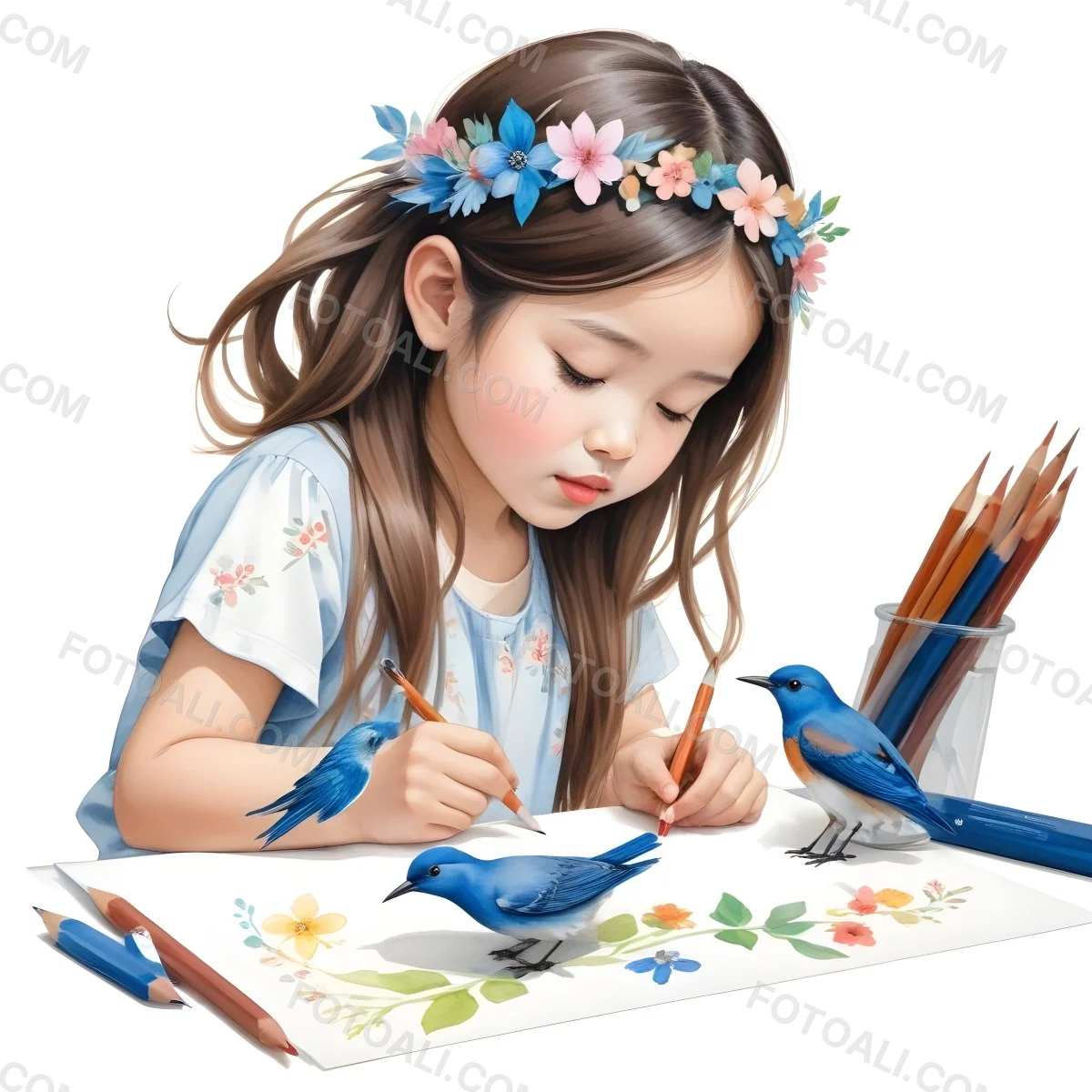 A Young Girl Approximately 6 Years Old With Light Skin And Long Brown Hair Is Sitting At A Table Drawing She Is Wearing A White Dress And A Floral Crown The Girl Is Focused On Her Artwork Whic 4 14fa