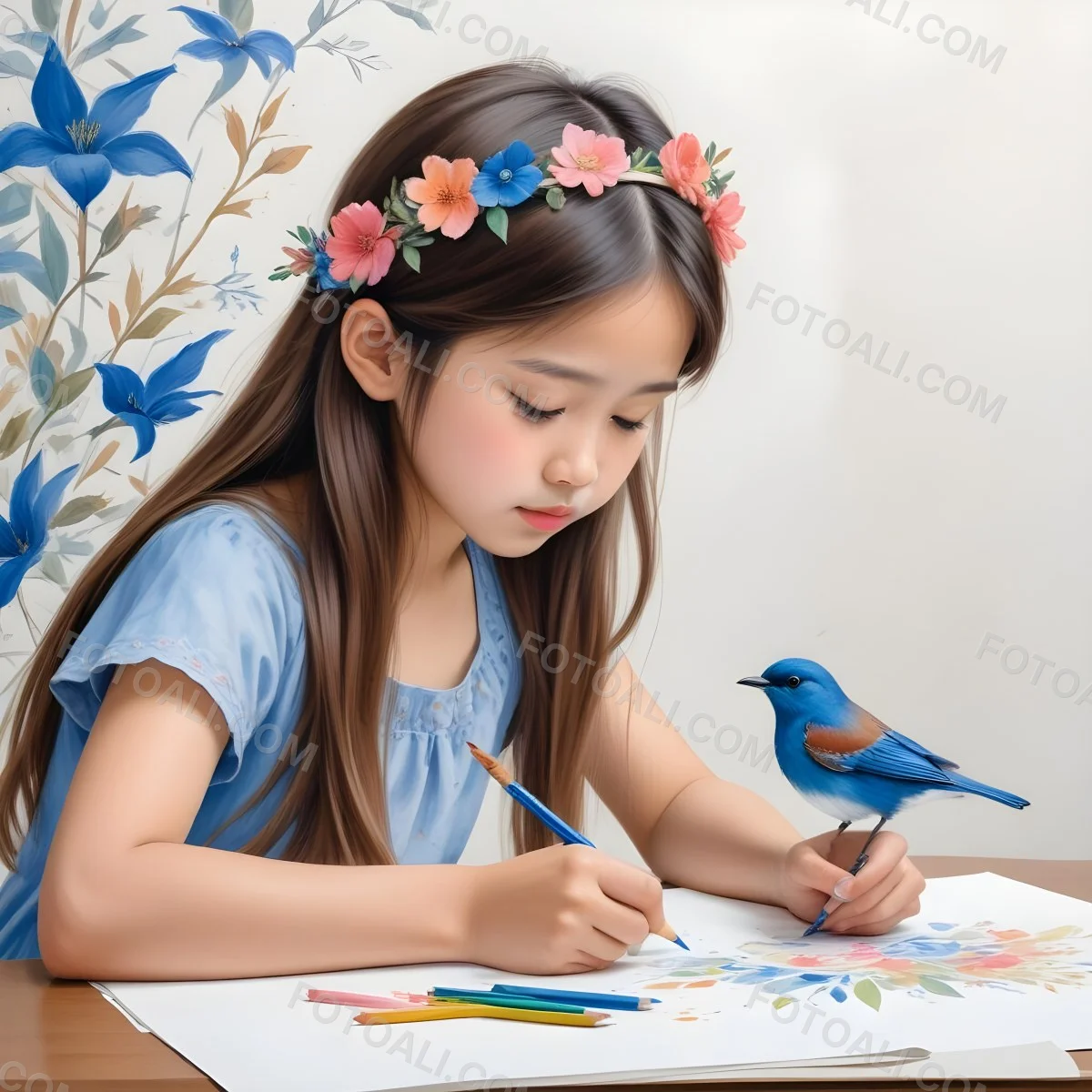A Young Girl Approximately 6 Years Old With Light Skin And Long Brown Hair Is Sitting At A Table Drawing She Is Wearing A White Dress And A Floral Crown The Girl Is Focused On Her Artwork Whic 5 Deca