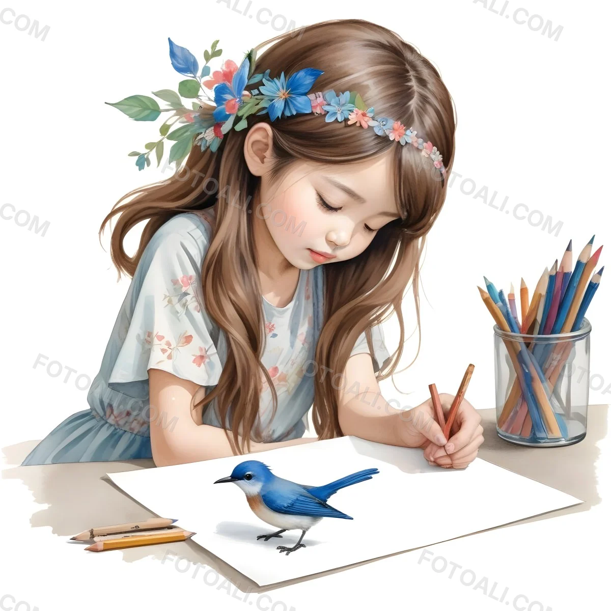 A Young Girl Approximately 6 Years Old With Light Skin And Long Brown Hair Is Sitting At A Table Drawing She Is Wearing A White Dress And A Floral Crown The Girl Is Focused On Her Artwork Whic 6 A380