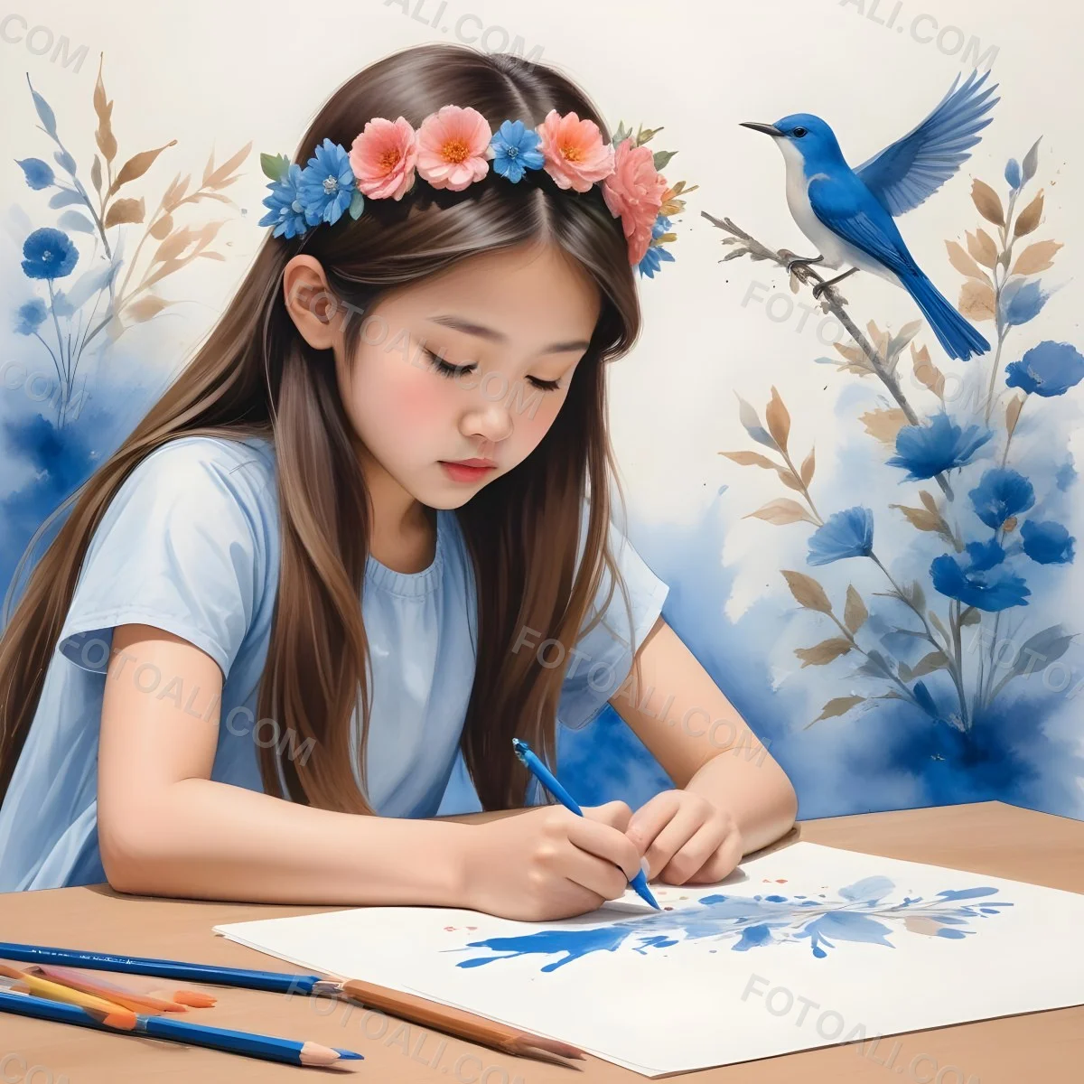 A Young Girl Approximately 6 Years Old With Light Skin And Long Brown Hair Is Sitting At A Table Drawing She Is Wearing A White Dress And A Floral Crown The Girl Is Focused On Her Artwork Whic 7 6639