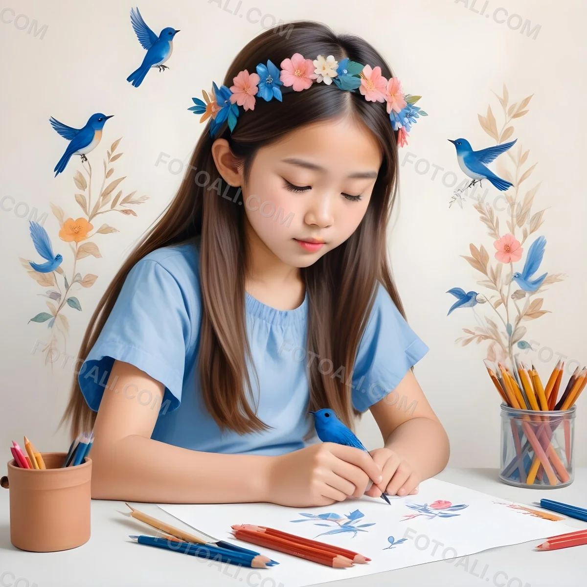 A Young Girl Approximately 6 Years Old With Light Skin And Long Brown Hair Is Sitting At A Table Drawing She Is Wearing A White Dress And A Floral Crown The Girl Is Focused On Her Artwork Whic 8 7ca2