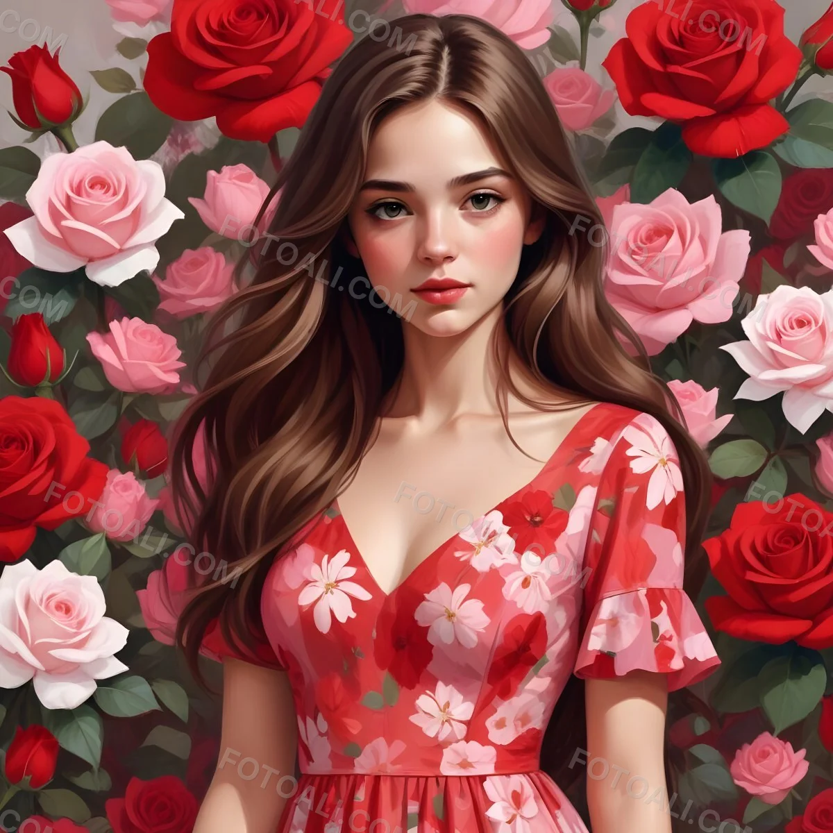 A Young Girl Approximately 8 Years Old With Long Brown Hair And A Red Flower In Her Hair Wearing A Red Dress Adorned With Floral Patterns She Stands Among Pink And Red Roses With Rose Petals Sca 12 9a49