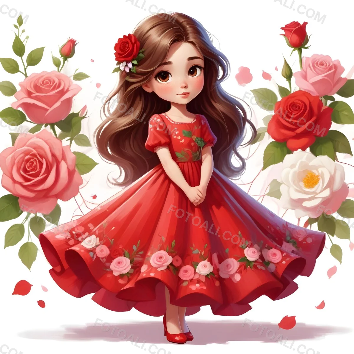 A Young Girl Approximately 8 Years Old With Long Brown Hair And A Red Flower In Her Hair Wearing A Red Dress Adorned With Floral Patterns She Stands Among Pink And Red Roses With Rose Petals Sca 14 2e09