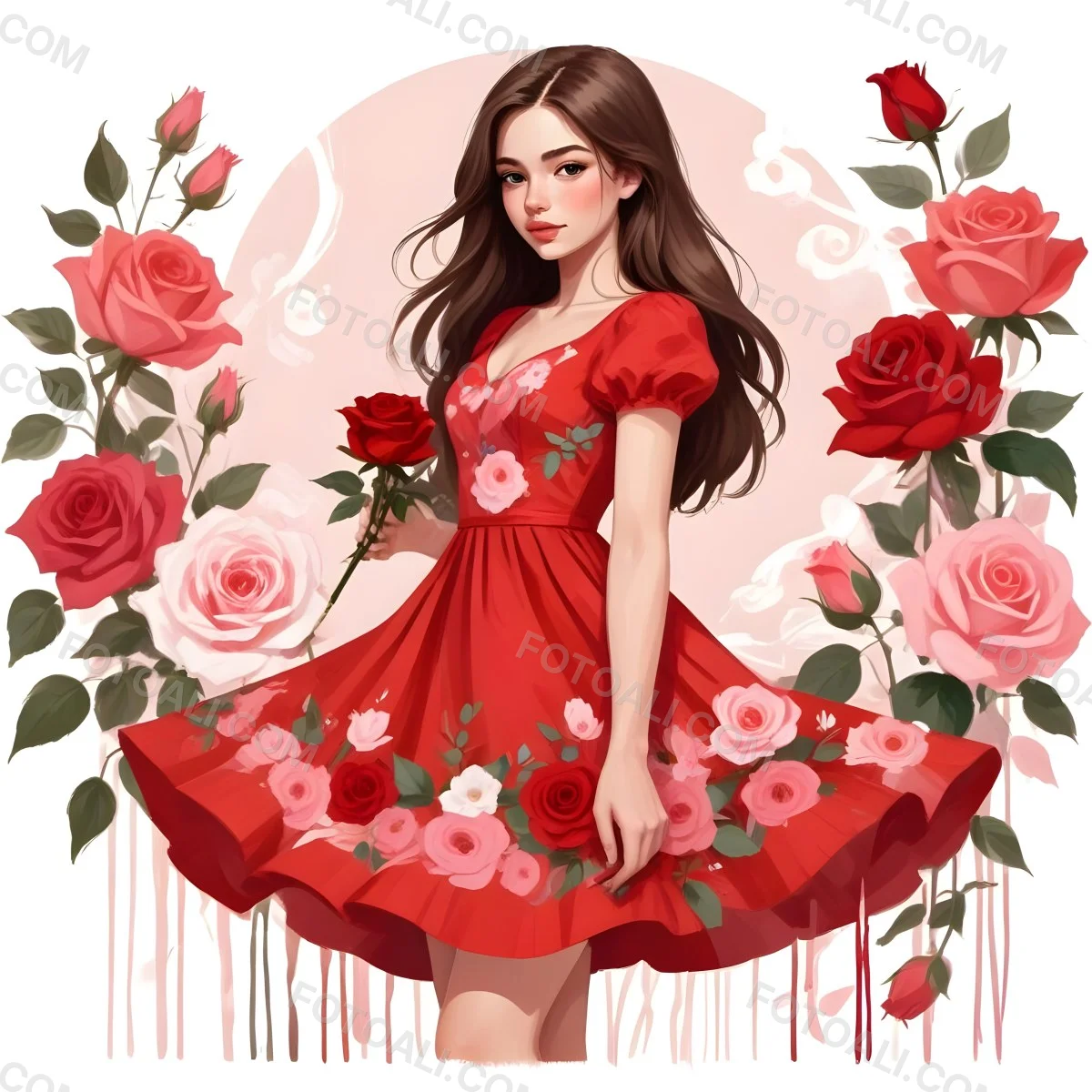 A Young Girl Approximately 8 Years Old With Long Brown Hair And A Red Flower In Her Hair Wearing A Red Dress Adorned With Floral Patterns She Stands Among Pink And Red Roses With Rose Petals Sca 16 Fe29