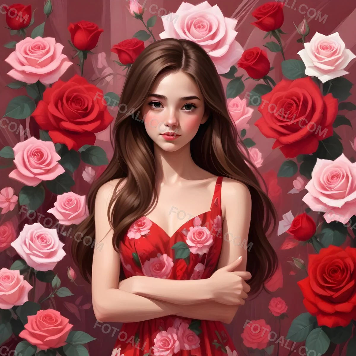 A Young Girl Approximately 8 Years Old With Long Brown Hair And A Red Flower In Her Hair Wearing A Red Dress Adorned With Floral Patterns She Stands Among Pink And Red Roses With Rose Petals Sca 20 00e7