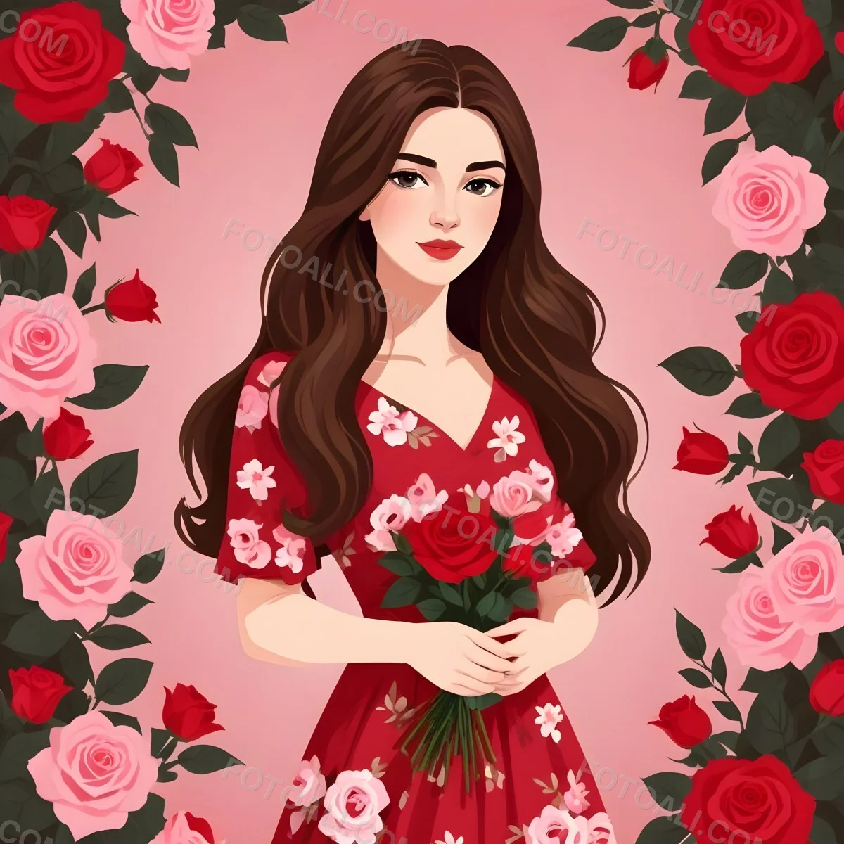 A Young Girl Approximately 8 Years Old With Long Brown Hair And A Red Flower In Her Hair Wearing A Red Dress Adorned With Floral Patterns She Stands Among Pink And Red Roses With Rose Petals Sca 41 9b0e