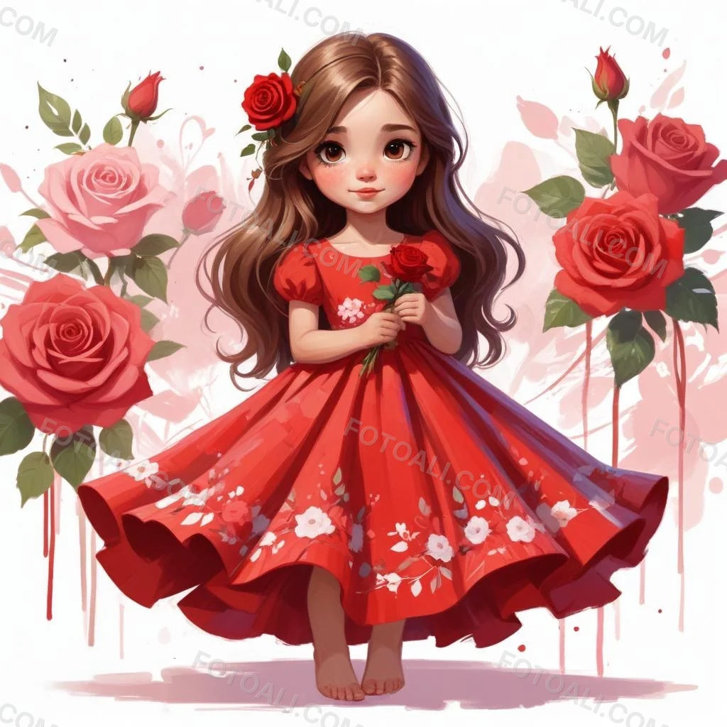A Young Girl Approximately 8 Years Old With Long Brown Hair And A Red Flower In Her Hair Wearing A Red Dress Adorned With Floral Patterns She Stands Among Pink And Red Roses With Rose Petals Sca 6 Bcbf