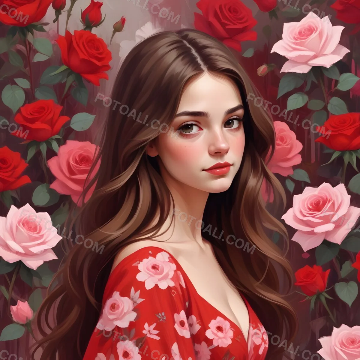 A Young Girl Approximately 8 Years Old With Long Brown Hair And A Red Flower In Her Hair Wearing A Red Dress Adorned With Floral Patterns She Stands Among Pink And Red Roses With Rose Petals Sca 7 6f89