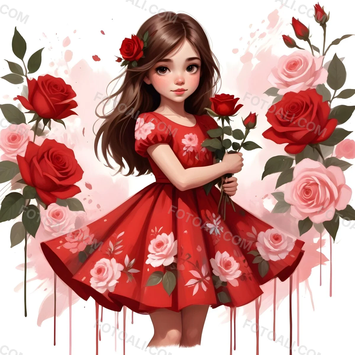 A Young Girl Approximately 8 Years Old With Long Brown Hair And A Red Flower In Her Hair Wearing A Red Dress Adorned With Floral Patterns She Stands Among Pink And Red Roses With Rose Petals Sca 9 Ec73