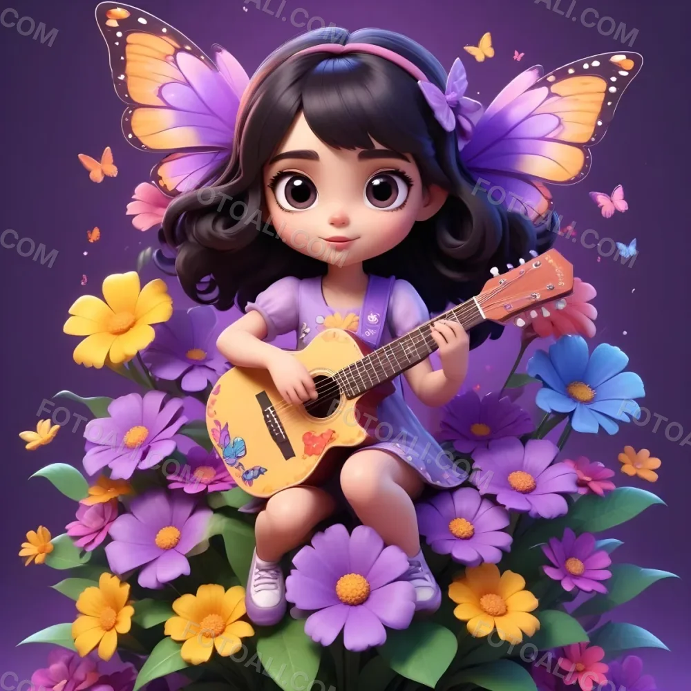 A Young Girl With Curly Dark Hair And A Purple Bow Wearing A Purple Dress Sitting On A Bed Of Colorful Flowers And Surrounded By Butterflies She Is Holding A Guitar And Appears To Be Playing Music 10 655b