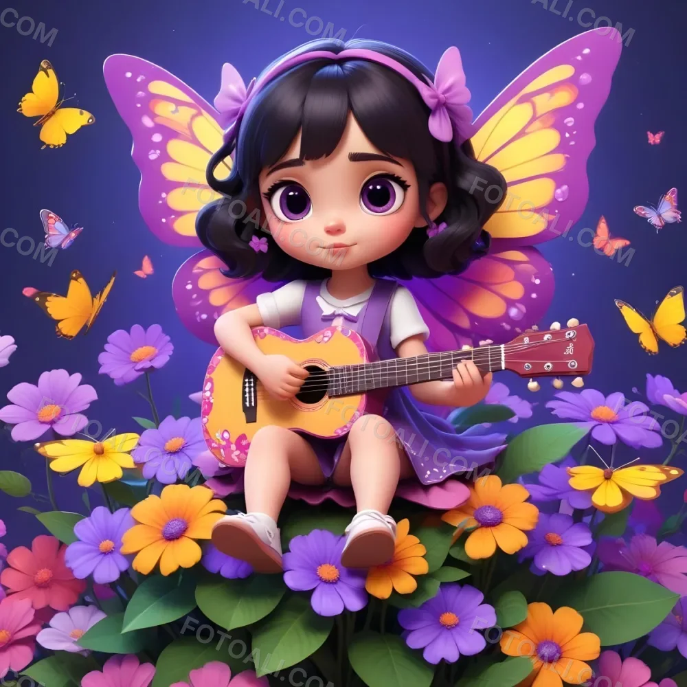 A Young Girl With Curly Dark Hair And A Purple Bow Wearing A Purple Dress Sitting On A Bed Of Colorful Flowers And Surrounded By Butterflies She Is Holding A Guitar And Appears To Be Playing Music 16 4381