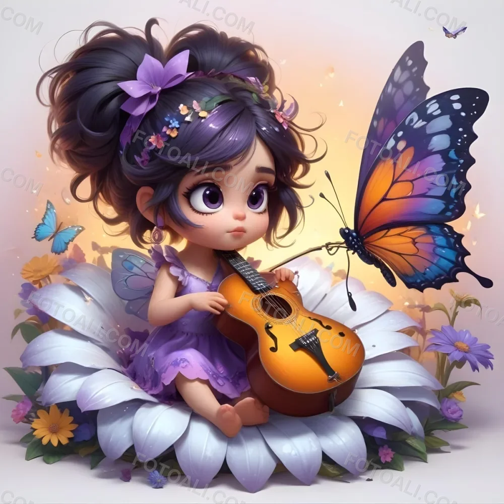 A Young Girl With Curly Dark Hair And A Purple Bow Wearing A Purple Dress Sitting On A Bed Of Colorful Flowers And Surrounded By Butterflies She Is Holding A Guitar And Appears To Be Playing Music 2 6250
