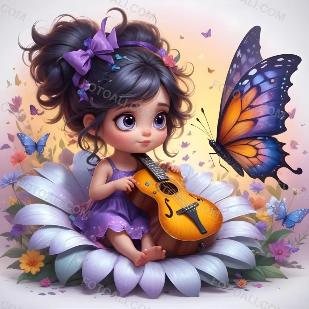 A Young Girl With Curly Dark Hair And A Purple Bow Wearing A Purple Dress Sitting On A Bed Of Colorful Flowers And Surrounded By Butterflies She Is Holding A Guitar And Appears To Be Playing Music 20 2353