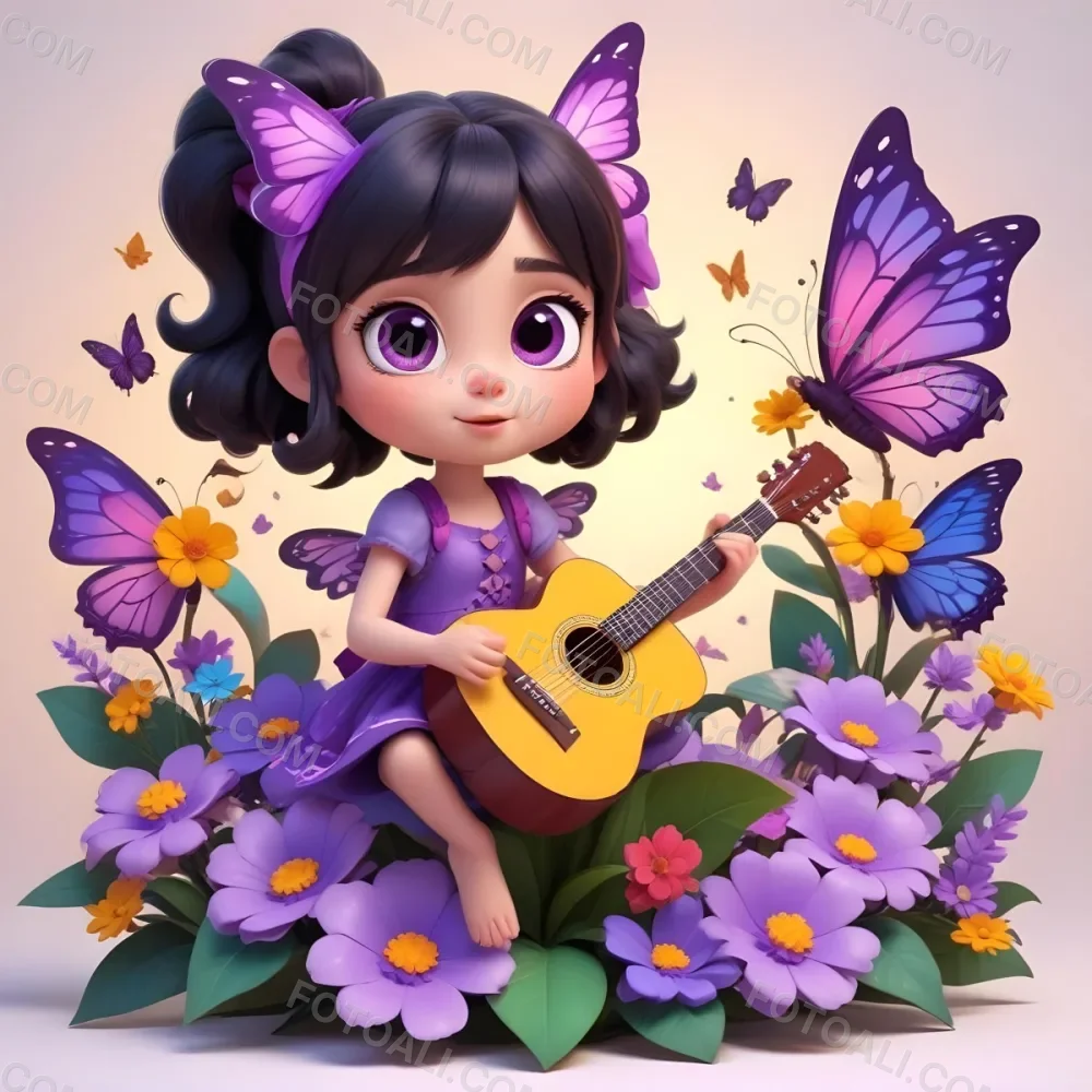 A Young Girl With Curly Dark Hair And A Purple Bow Wearing A Purple Dress Sitting On A Bed Of Colorful Flowers And Surrounded By Butterflies She Is Holding A Guitar And Appears To Be Playing Music 29 6759