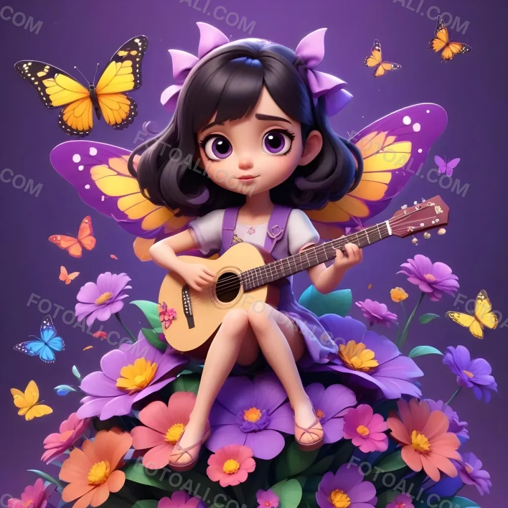 A Young Girl With Curly Dark Hair And A Purple Bow Wearing A Purple Dress Sitting On A Bed Of Colorful Flowers And Surrounded By Butterflies She Is Holding A Guitar And Appears To Be Playing Music 30 9afd
