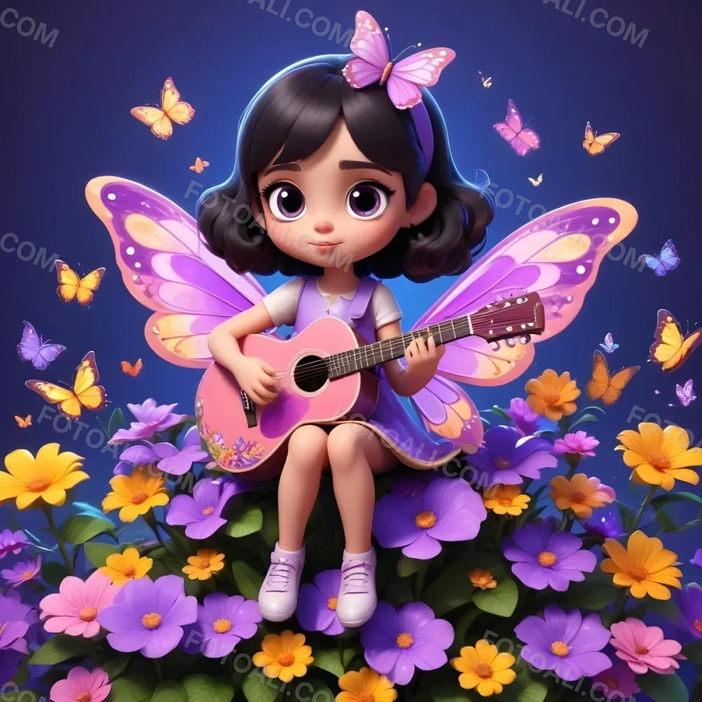 A Young Girl With Curly Dark Hair And A Purple Bow Wearing A Purple Dress Sitting On A Bed Of Colorful Flowers And Surrounded By Butterflies She Is Holding A Guitar And Appears To Be Playing Music 31 Bf0a