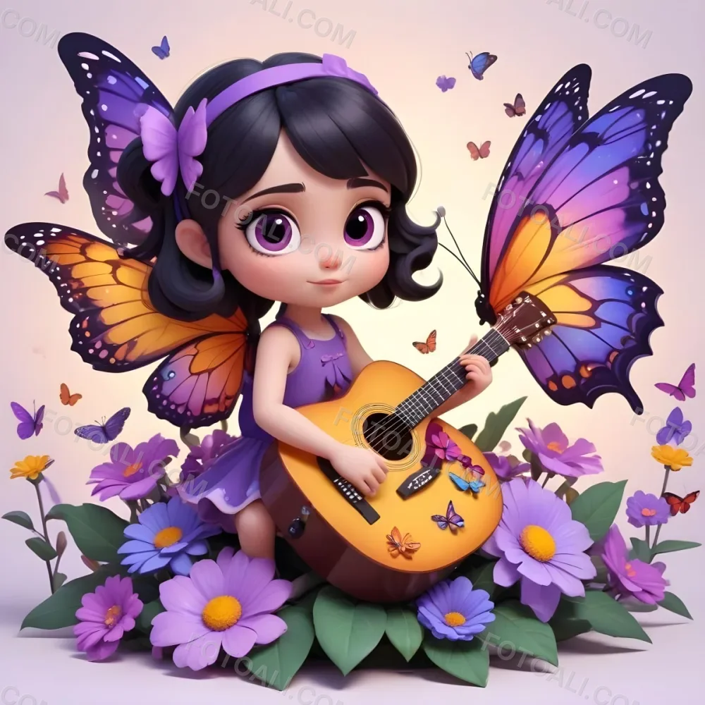 A Young Girl With Curly Dark Hair And A Purple Bow Wearing A Purple Dress Sitting On A Bed Of Colorful Flowers And Surrounded By Butterflies She Is Holding A Guitar And Appears To Be Playing Music 33 0312