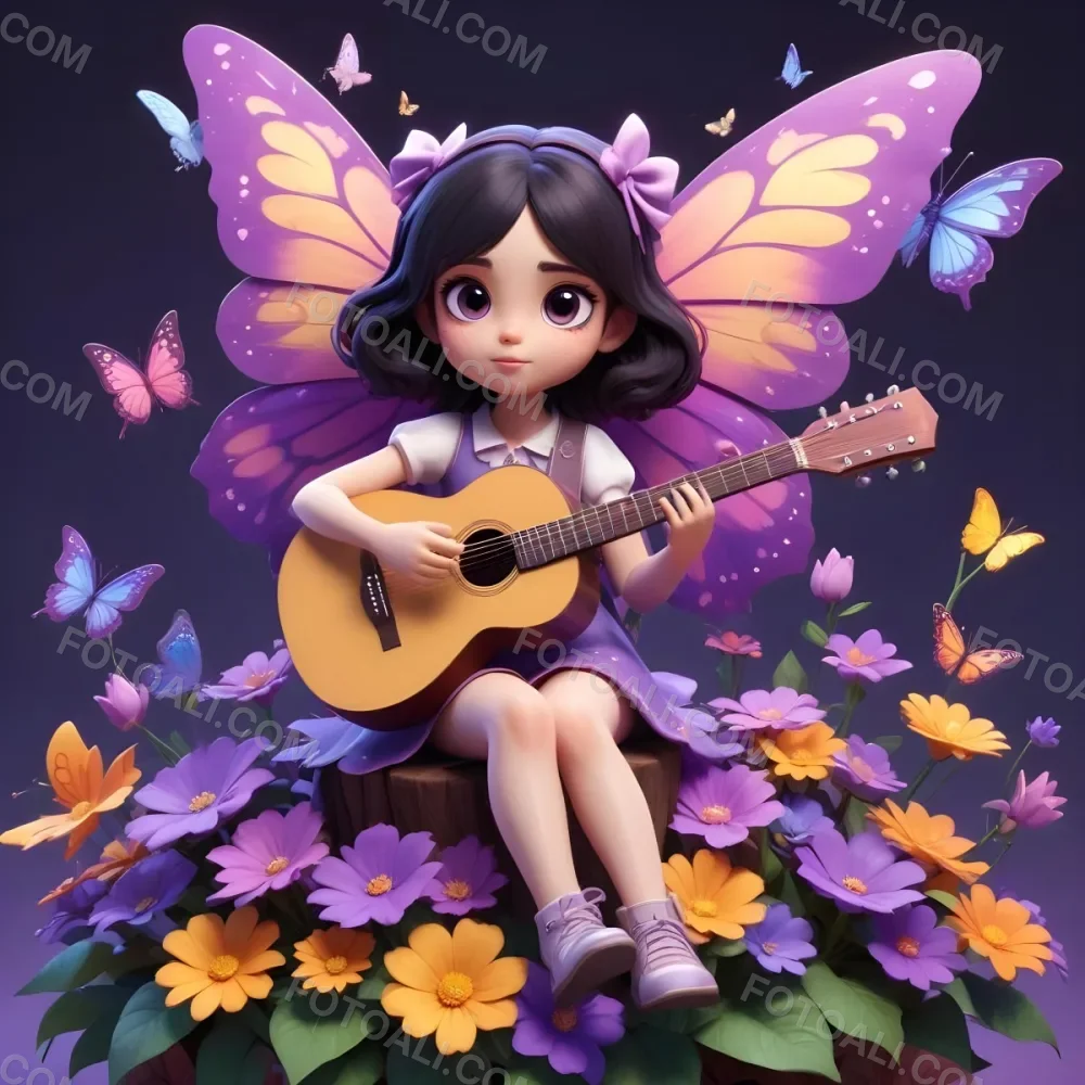 A Young Girl With Curly Dark Hair And A Purple Bow Wearing A Purple Dress Sitting On A Bed Of Colorful Flowers And Surrounded By Butterflies She Is Holding A Guitar And Appears To Be Playing Music 5 6d7c