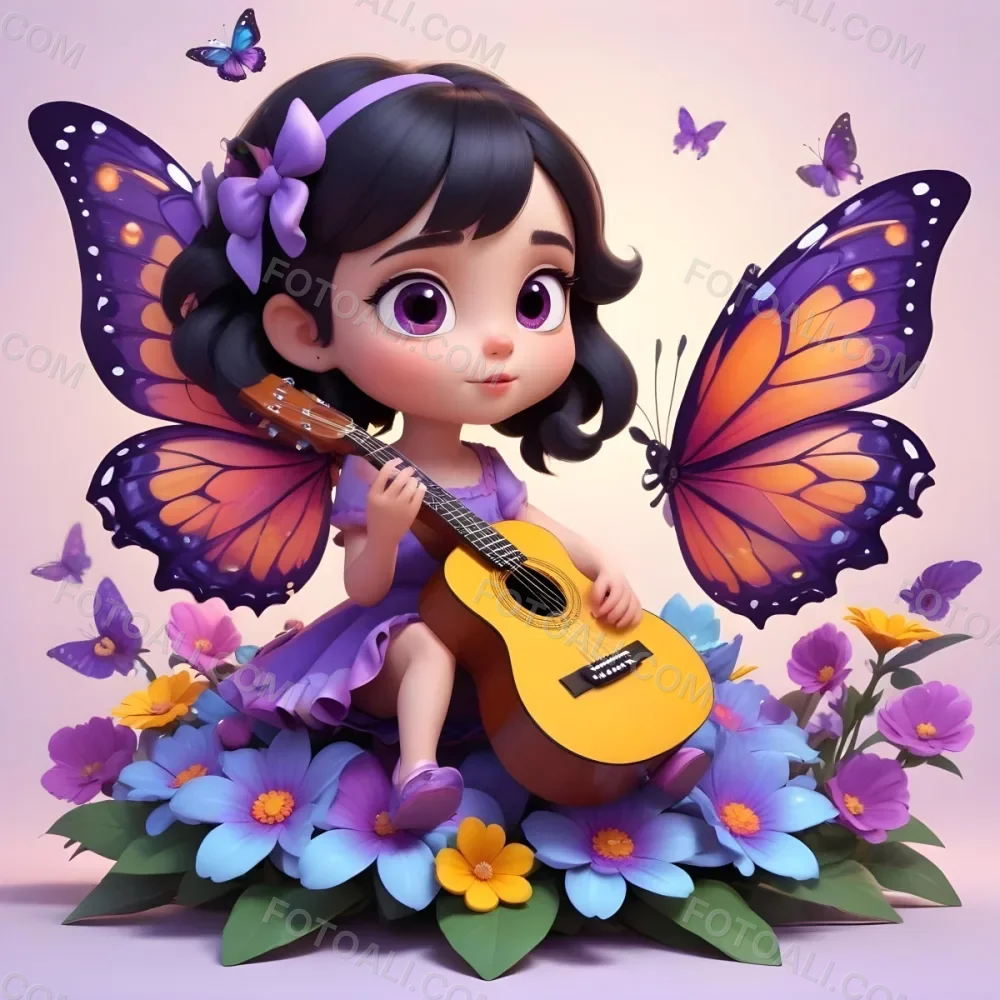A Young Girl With Curly Dark Hair And A Purple Bow Wearing A Purple Dress Sitting On A Bed Of Colorful Flowers And Surrounded By Butterflies She Is Holding A Guitar And Appears To Be Playing Music 8 D4f1