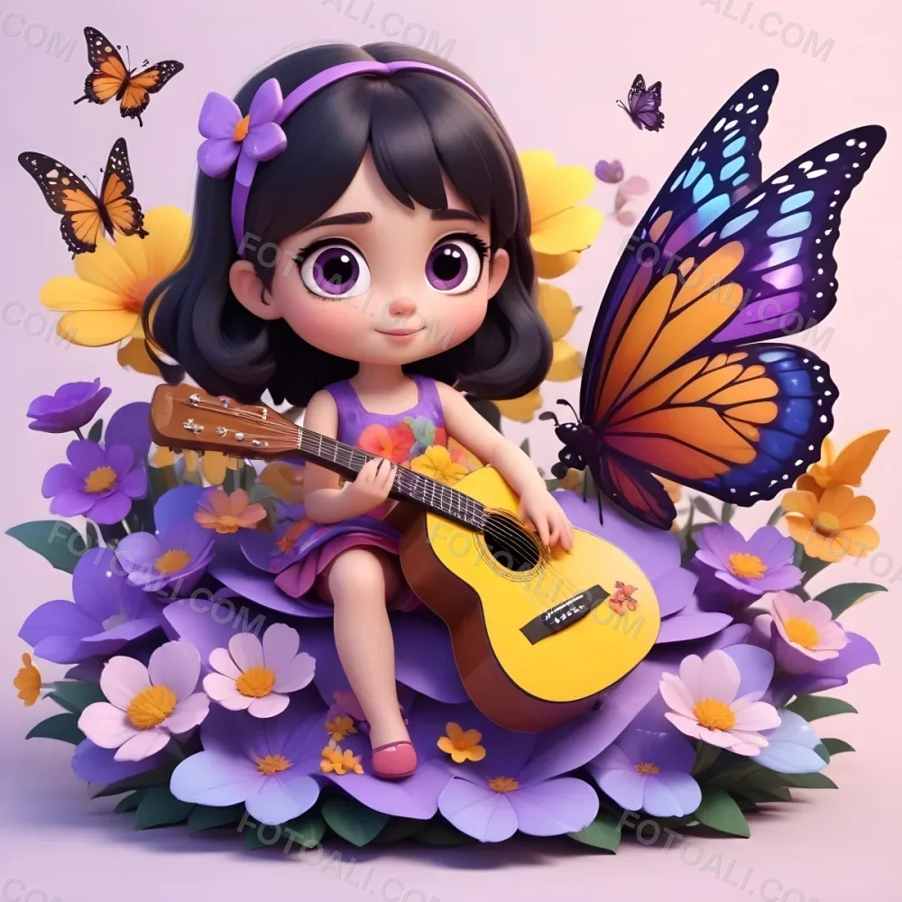 A Young Girl With Curly Dark Hair And A Purple Bow Wearing A Purple Dress Sitting On A Bed Of Colorful Flowers And Surrounded By Butterflies She Is Holding A Guitar And Appears To Be Playing Music 9 8e29