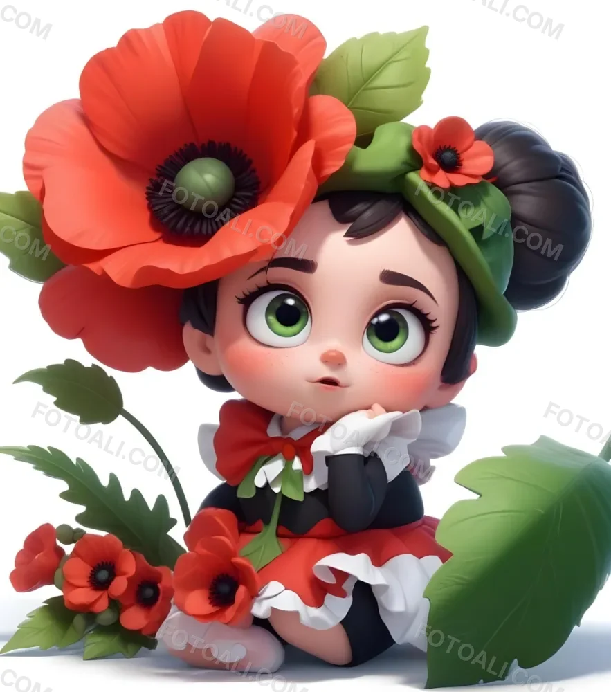 A Young Girl With Large Eyes Dark Hair In Buns And A Red Poppy Flower In Her Hair Surrounded By Green Leaves And Additional Red Poppy Flowers 11 0862