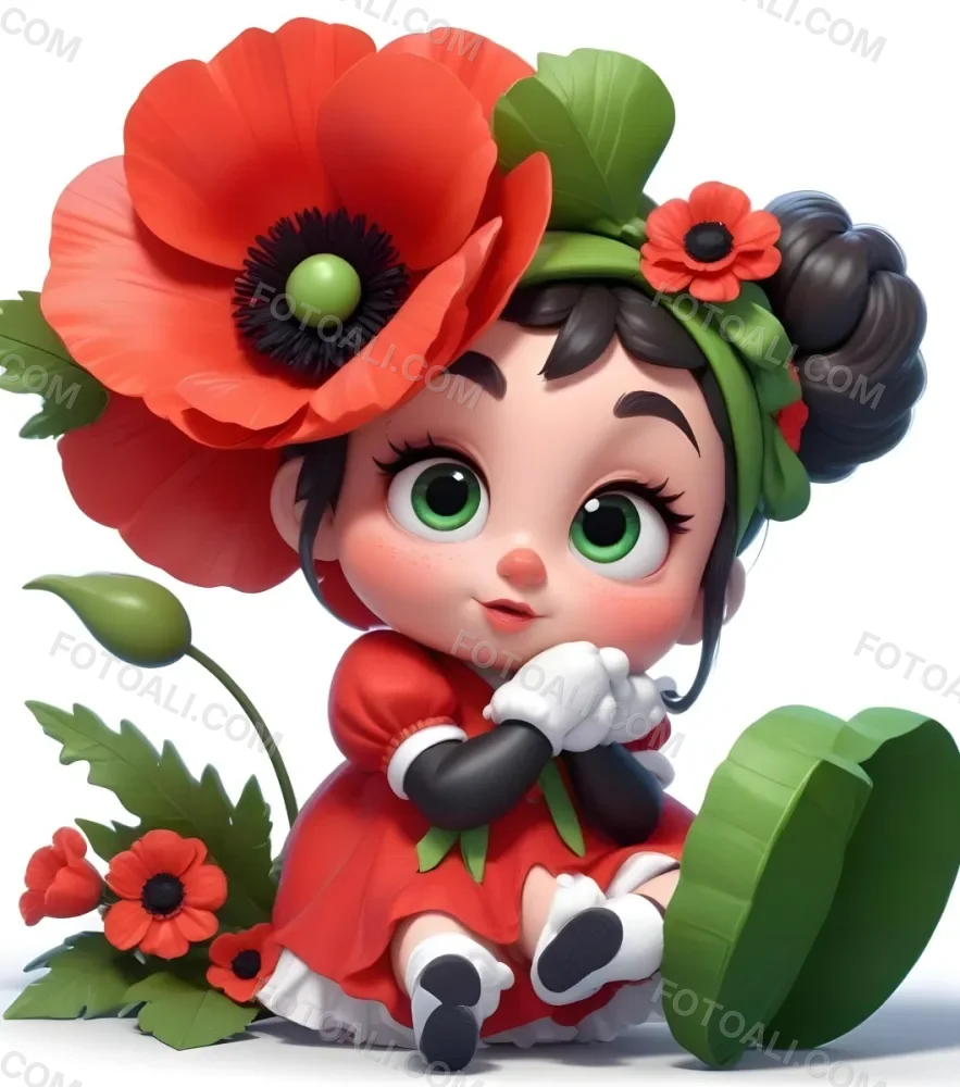 A Young Girl With Large Eyes Dark Hair In Buns And A Red Poppy Flower In Her Hair Surrounded By Green Leaves And Additional Red Poppy Flowers 12 2a33