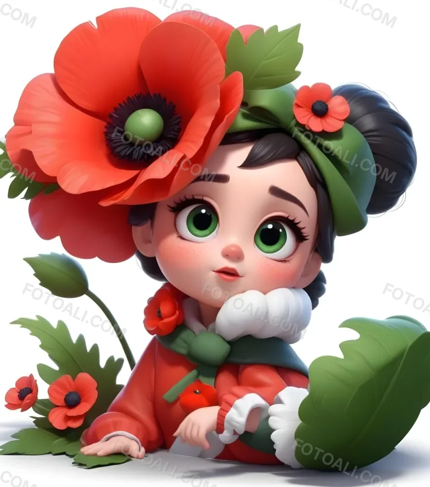 A Young Girl With Large Eyes Dark Hair In Buns And A Red Poppy Flower In Her Hair Surrounded By Green Leaves And Additional Red Poppy Flowers 13 33fb