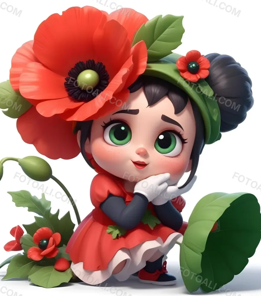 A Young Girl With Large Eyes Dark Hair In Buns And A Red Poppy Flower In Her Hair Surrounded By Green Leaves And Additional Red Poppy Flowers 15 D959