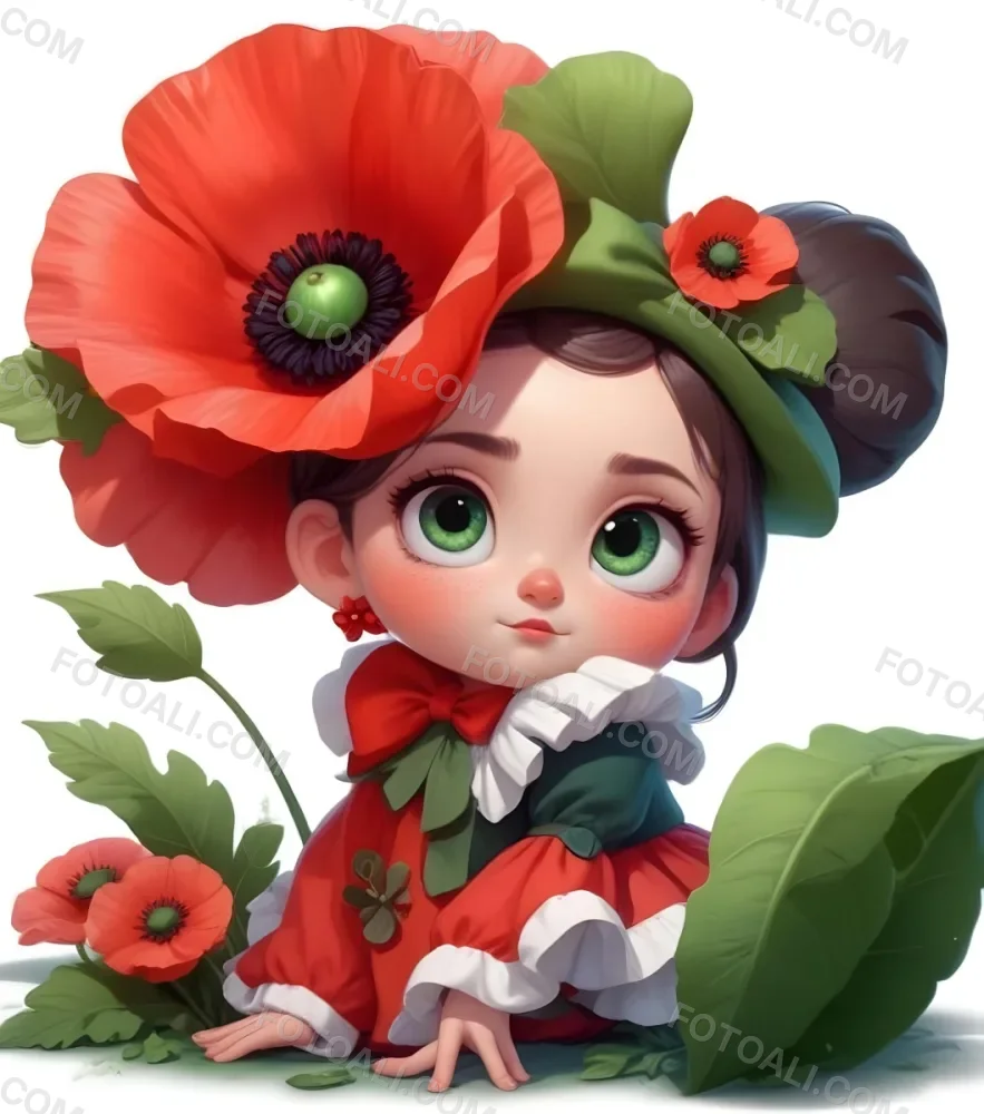 A Young Girl With Large Eyes Dark Hair In Buns And A Red Poppy Flower In Her Hair Surrounded By Green Leaves And Additional Red Poppy Flowers 2 7161