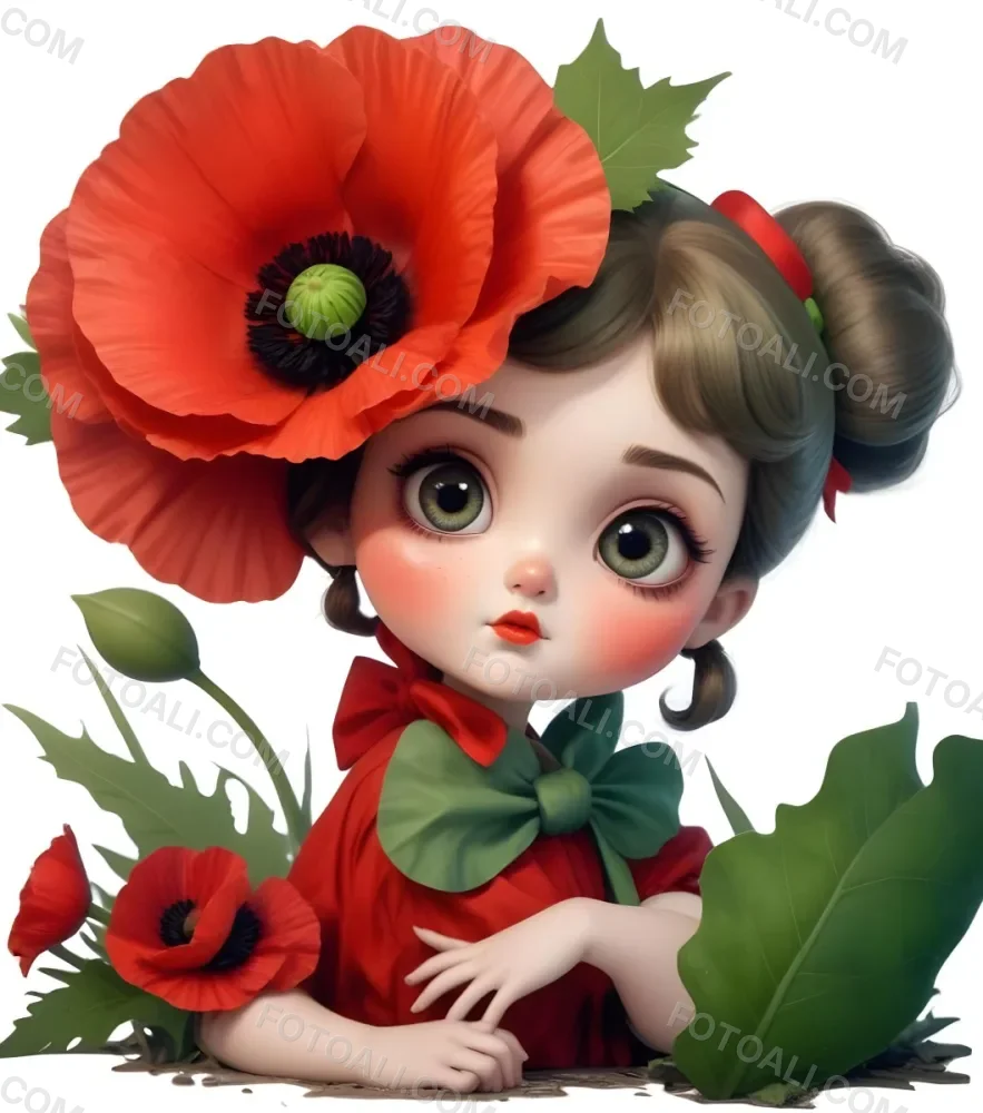 A Young Girl With Large Eyes Dark Hair In Buns And A Red Poppy Flower In Her Hair Surrounded By Green Leaves And Additional Red Poppy Flowers 3 650f