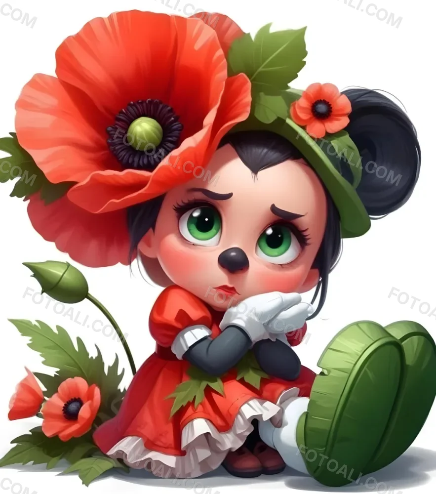 A Young Girl With Large Eyes Dark Hair In Buns And A Red Poppy Flower In Her Hair Surrounded By Green Leaves And Additional Red Poppy Flowers 4 Eaa1
