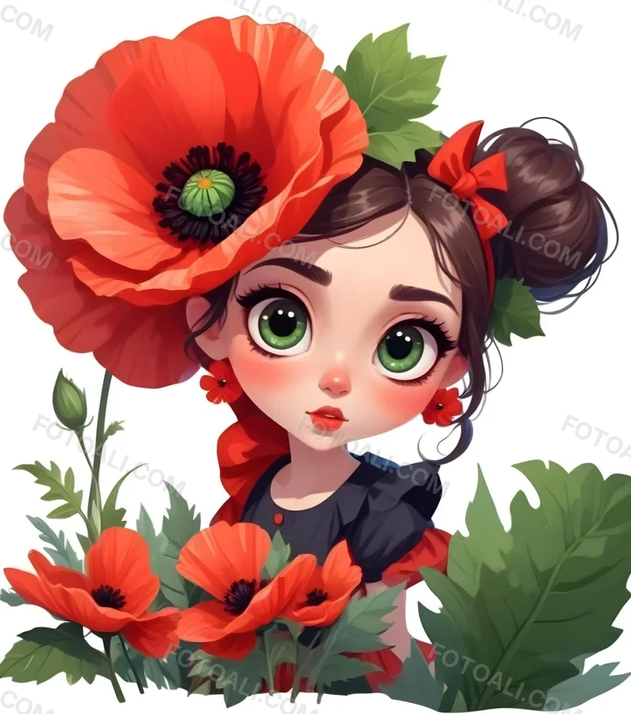 A Young Girl With Large Eyes Dark Hair In Buns And A Red Poppy Flower In Her Hair Surrounded By Green Leaves And Additional Red Poppy Flowers 7 54b7