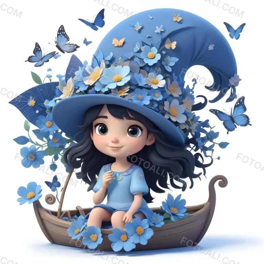 A Young Girl With Long Dark Hair Wearing A Blue Hat And Dress Sitting In A Boat Surrounded By Blue Flowers And Butterflies 16 2a3a