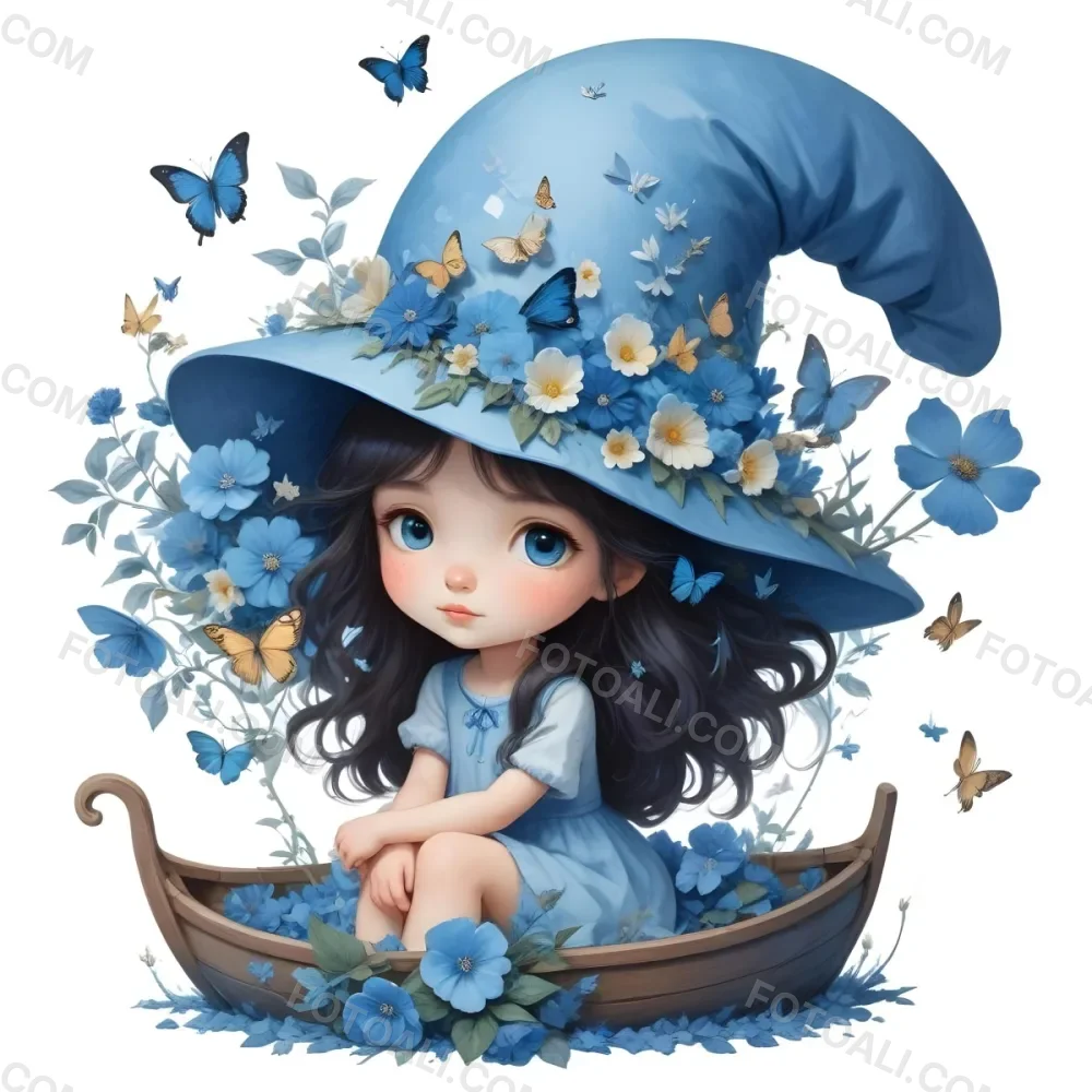 A Young Girl With Long Dark Hair Wearing A Blue Hat And Dress Sitting In A Boat Surrounded By Blue Flowers And Butterflies 2 D57c