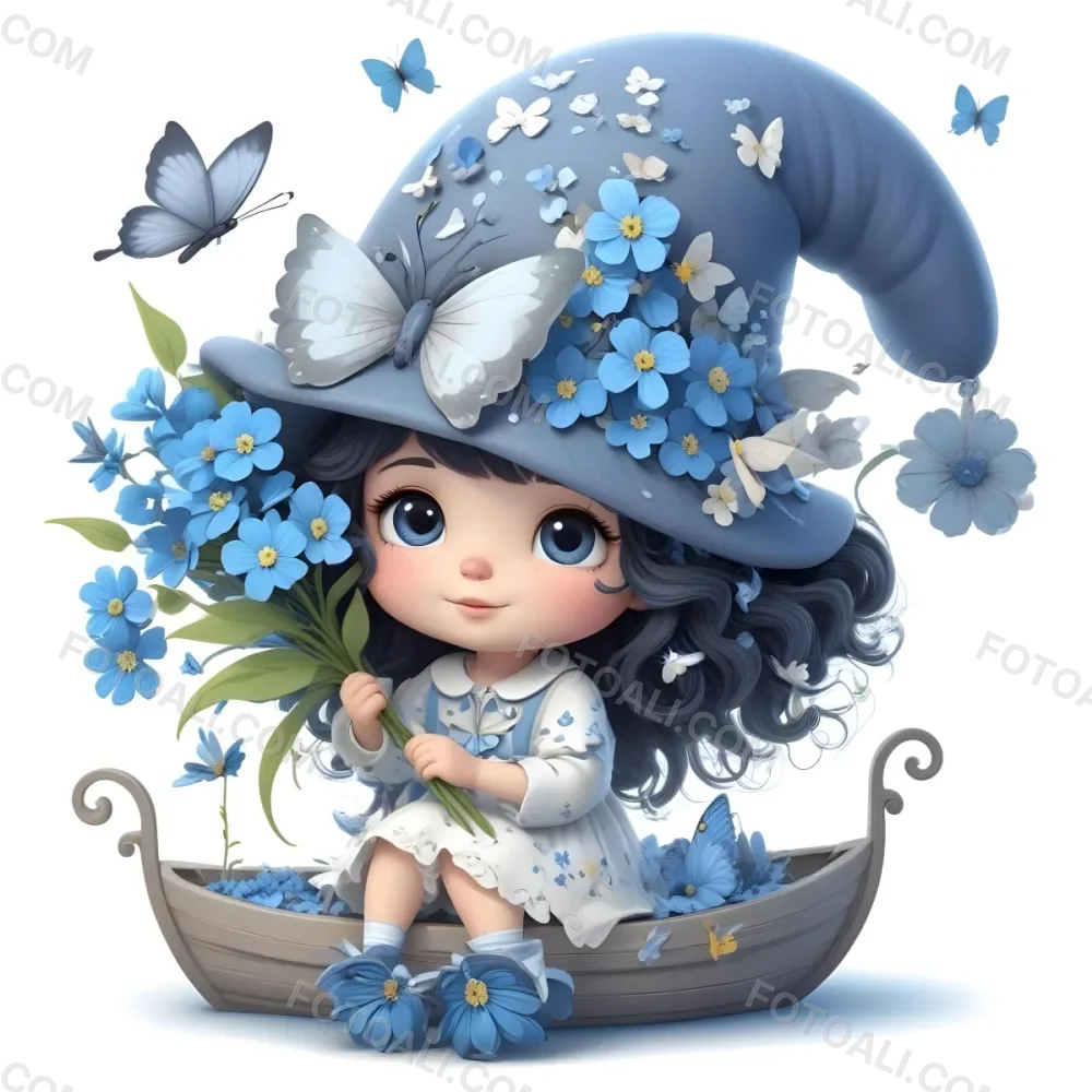 A Young Girl With Long Dark Hair Wearing A Blue Hat And Dress Sitting In A Boat Surrounded By Blue Flowers And Butterflies 25 3d07