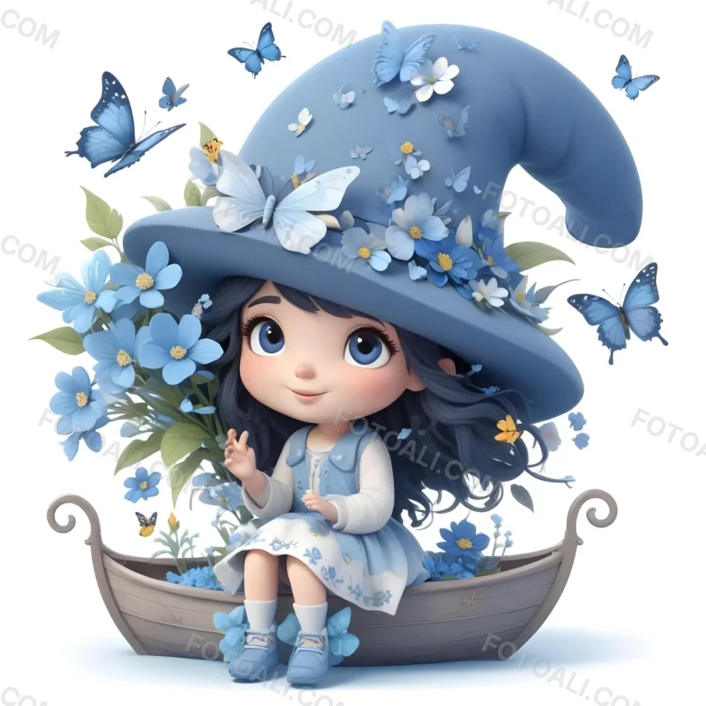 A Young Girl With Long Dark Hair Wearing A Blue Hat And Dress Sitting In A Boat Surrounded By Blue Flowers And Butterflies 29 F866