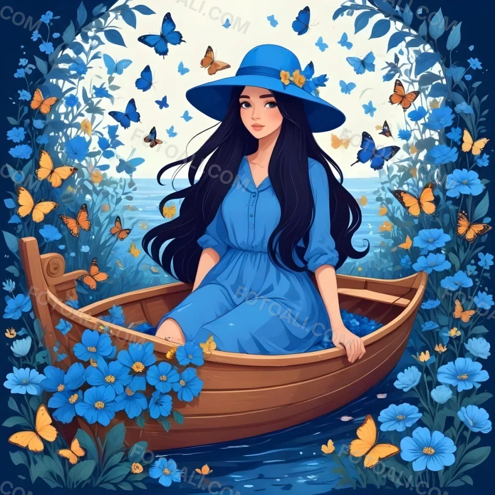 A Young Girl With Long Dark Hair Wearing A Blue Hat And Dress Sitting In A Boat Surrounded By Blue Flowers And Butterflies 51 F2cc