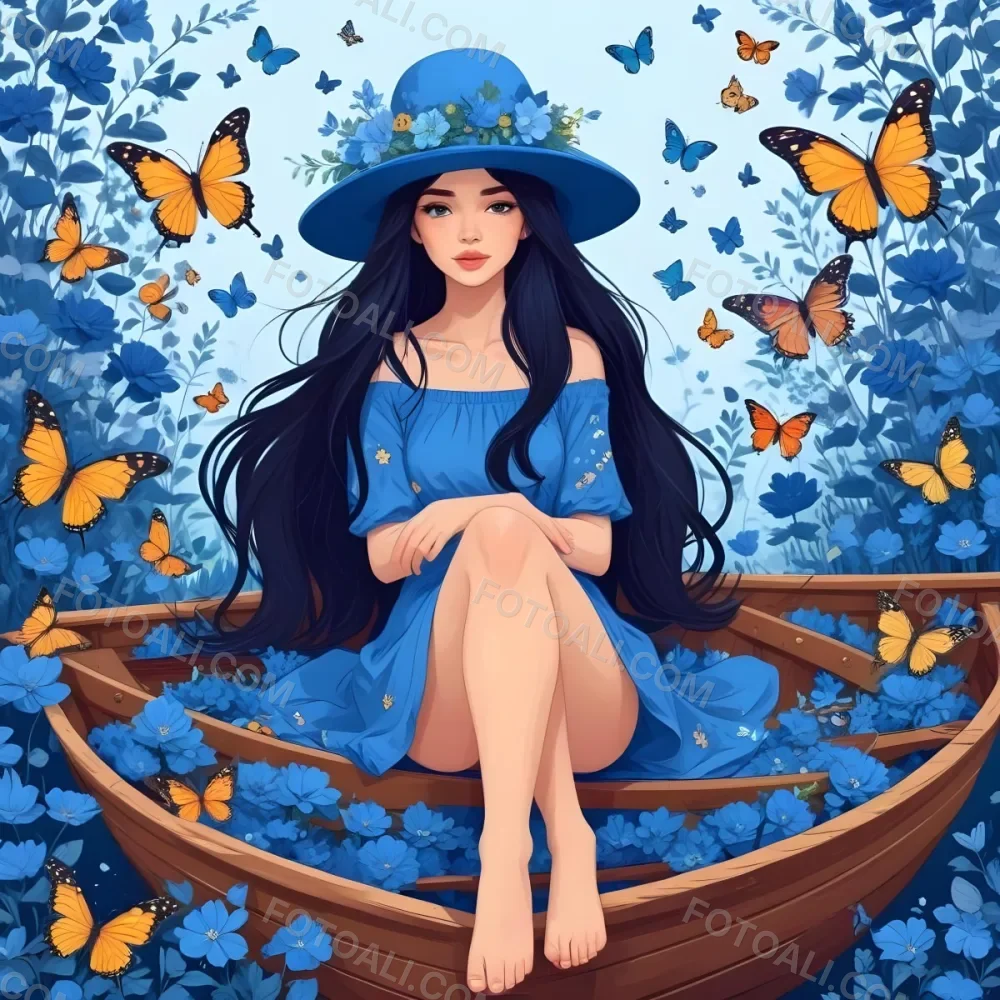 A Young Girl With Long Dark Hair Wearing A Blue Hat And Dress Sitting In A Boat Surrounded By Blue Flowers And Butterflies 60 Ffd5
