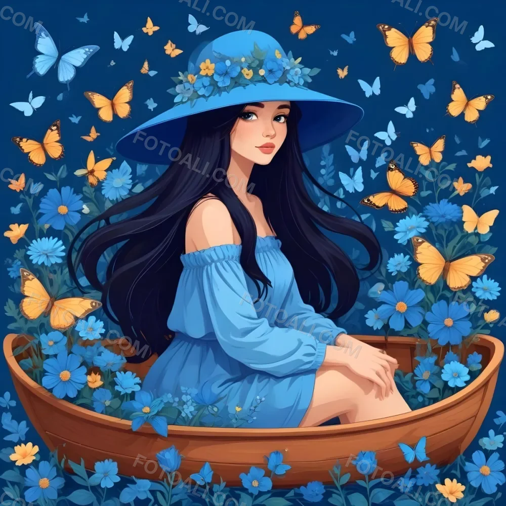 A Young Girl With Long Dark Hair Wearing A Blue Hat And Dress Sitting In A Boat Surrounded By Blue Flowers And Butterflies 64 29fe