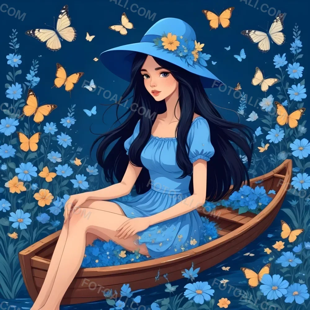 A Young Girl With Long Dark Hair Wearing A Blue Hat And Dress Sitting In A Boat Surrounded By Blue Flowers And Butterflies 72 Dfb2
