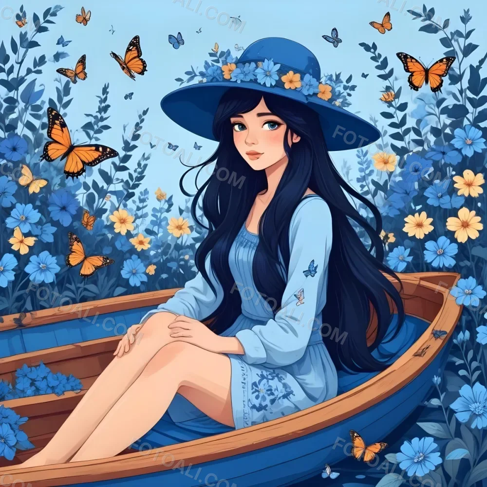 A Young Girl With Long Dark Hair Wearing A Blue Hat And Dress Sitting In A Boat Surrounded By Blue Flowers And Butterflies 76 E2f9