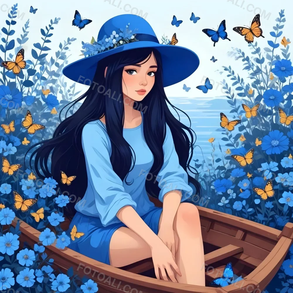 A Young Girl With Long Dark Hair Wearing A Blue Hat And Dress Sitting In A Boat Surrounded By Blue Flowers And Butterflies 83 813b