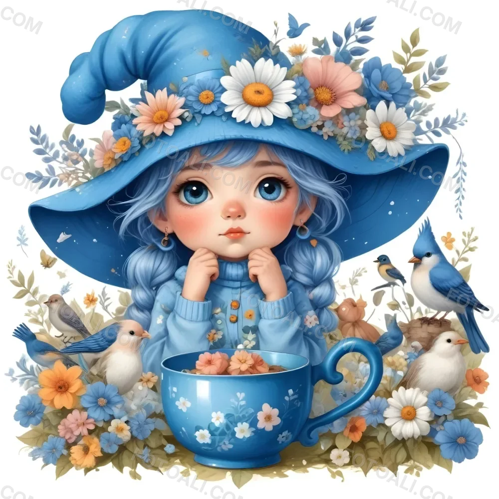 A Young Girl With Long Dark Hair Wearing A Blue Hat And Dress Sitting In A Boat Surrounded By Blue Flowers And Butterflies 84 0631