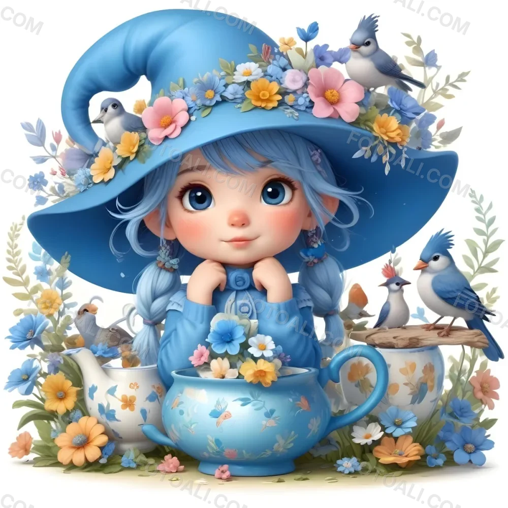 A Young Girl With Long Dark Hair Wearing A Blue Hat And Dress Sitting In A Boat Surrounded By Blue Flowers And Butterflies 85 6f1a