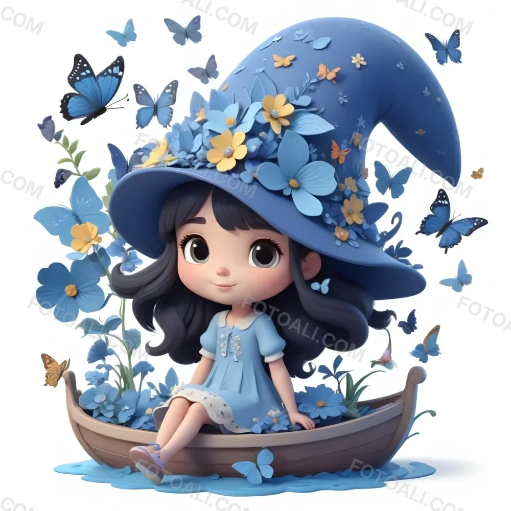 A Young Girl With Long Dark Hair Wearing A Blue Hat And Dress Sitting In A Boat Surrounded By Blue Flowers And Butterflies 89 5603