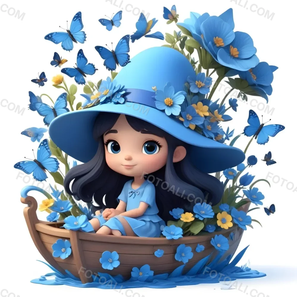 A Young Girl With Long Dark Hair Wearing A Blue Hat And Dress Sitting In A Boat Surrounded By Blue Flowers And Butterflies 90 9fcd