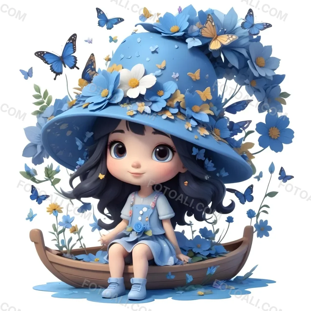 A Young Girl With Long Dark Hair Wearing A Blue Hat And Dress Sitting In A Boat Surrounded By Blue Flowers And Butterflies 93 A9ca